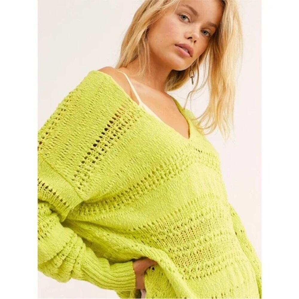 NWT Free People Hot Tropics Neon Limelight V-Neck Sweater Oversized xs
